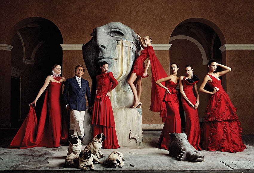 Rojo Valentino, modelli femminili, stilista, grafica, arte, valentino, persone, abito, museo, moda, rosso, top model Sfondo HD
