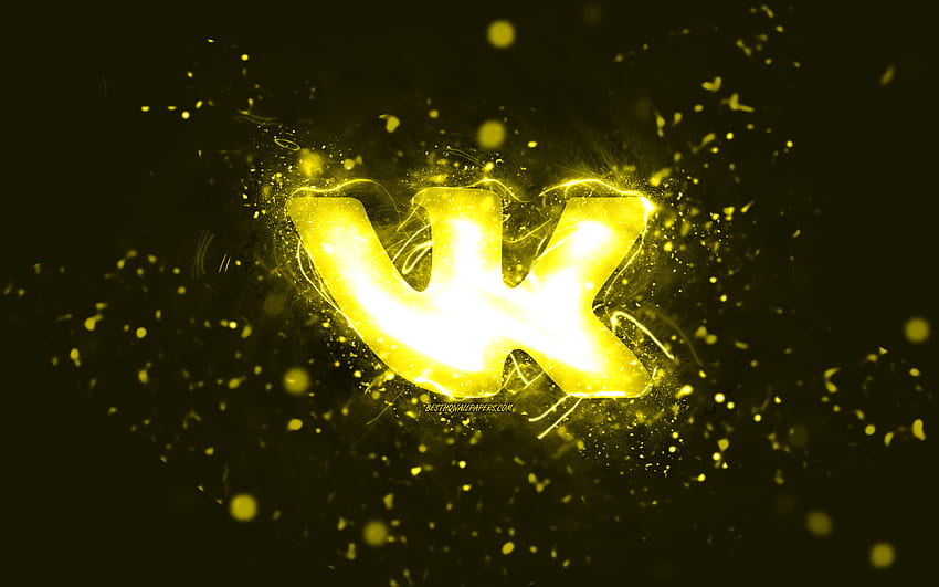 Logo kuning VKontakte,, lampu neon kuning, kreatif, latar belakang abstrak kuning, logo VKontakte, jejaring sosial, VKontakte Wallpaper HD