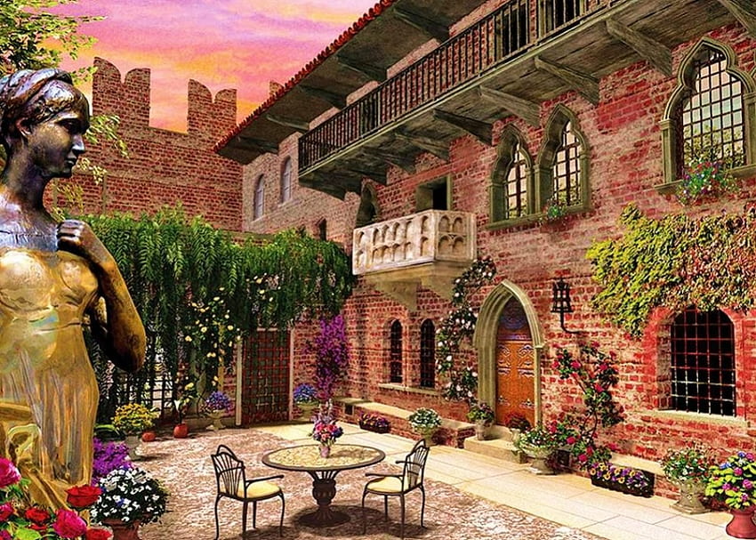 Idyllic Backyard, artwork, chairs, table, painting, house, flowers, sunset, statue HD wallpaper