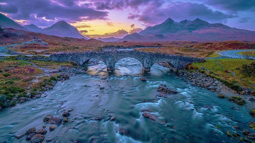 Sligachan River, Isle of Skye, Scotland, sunset, clouds, bridge, landscape, sky, mountains, stones HD wallpaper