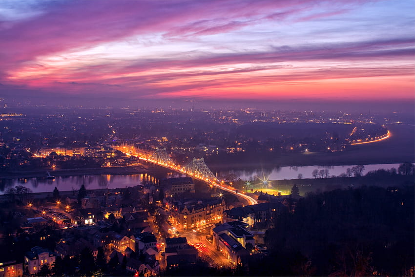 เมือง แม่น้ำ พระอาทิตย์ตก ไฟ ความสูง สะพาน แบ็คไลท์ ไฟส่องสว่าง ตอนเย็น วิว พาโนรามา เยอรมนี เดรสเดน เอลบ์ วอลล์เปเปอร์ HD