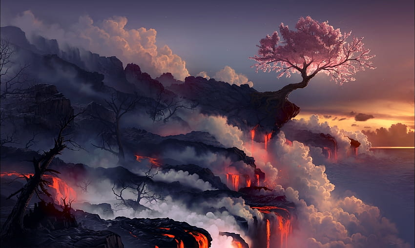 Nature, Sakura, Wood, Tree, Volcano, Lava, Eruption HD wallpaper