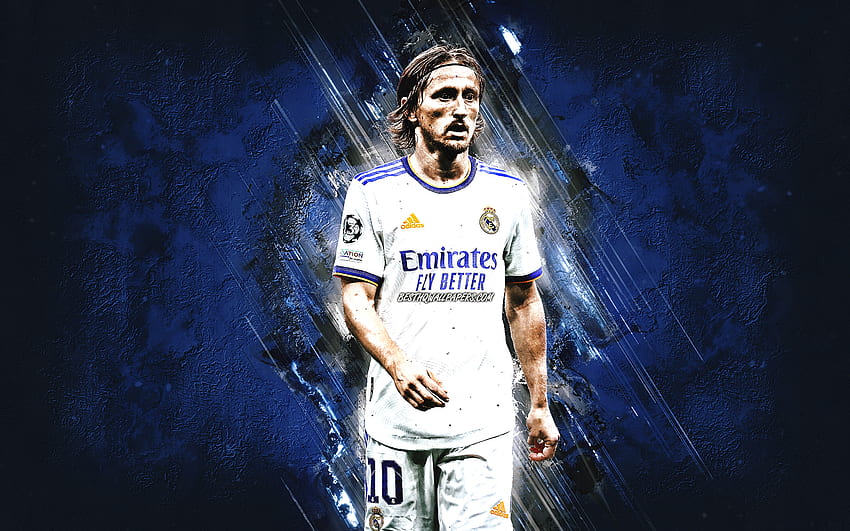 Luka Modric, Real Madrid, footballeur croate, milieu de terrain, fond de pierre bleue, La Liga, Espagne, Ligue des Champions, football Fond d'écran HD