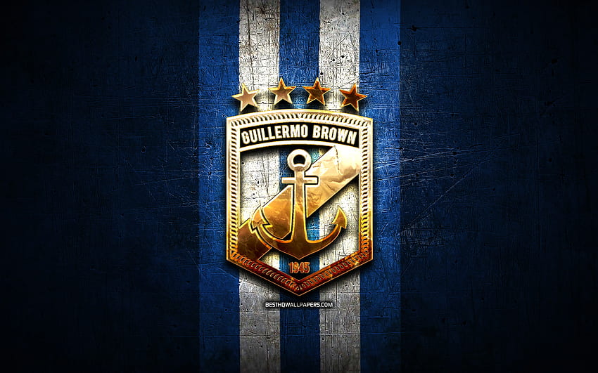 Guillermo Brown FC, złote logo, Primera Nacional, niebieskie metalowe tło, piłka nożna, argentyński klub piłkarski, logo Guillermo Brown, piłka nożna, CSA Guillermo Brown, Argentyna Tapeta HD