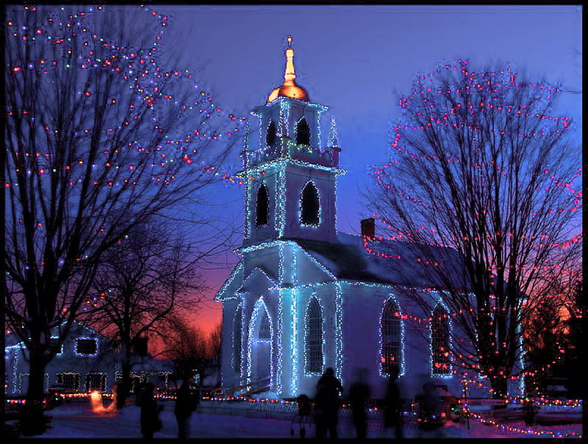 Little blue church, night, trees, church, blue lights, christmas time HD wallpaper