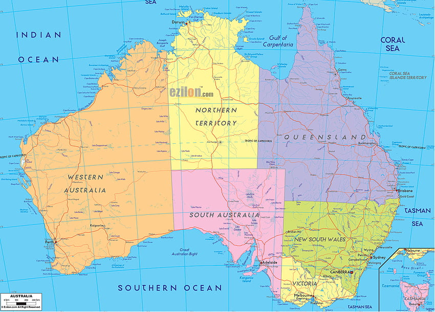 แผนที่การเมืองโดยละเอียดของออสเตรเลีย วอลล์เปเปอร์ HD