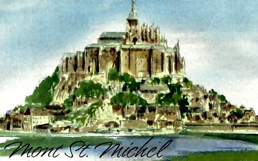 Mont St. Michel, architecture, art, landscape, France, beautiful, artwork, scenery, Mont St Michel, wide screen, painting, Normandy HD wallpaper