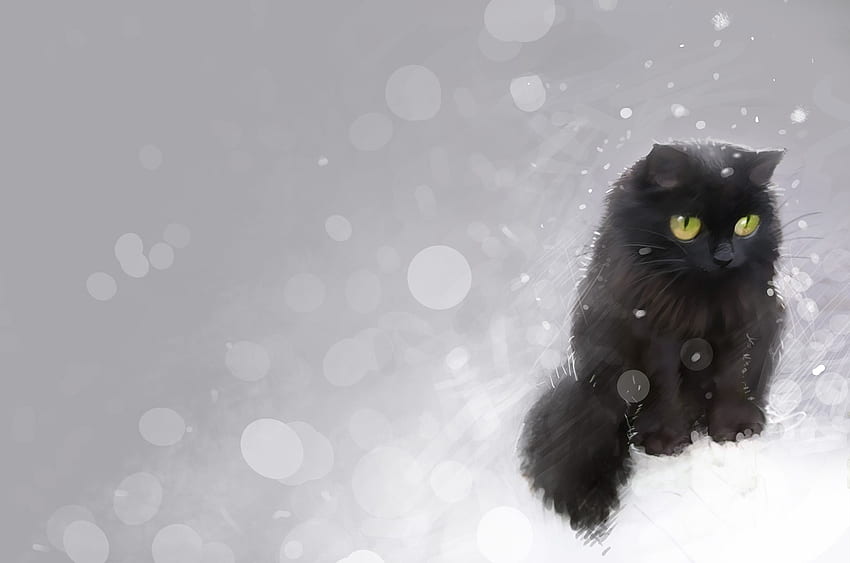 Black Kitty, inverno, gattino, neve, sfocato, freddo Sfondo HD