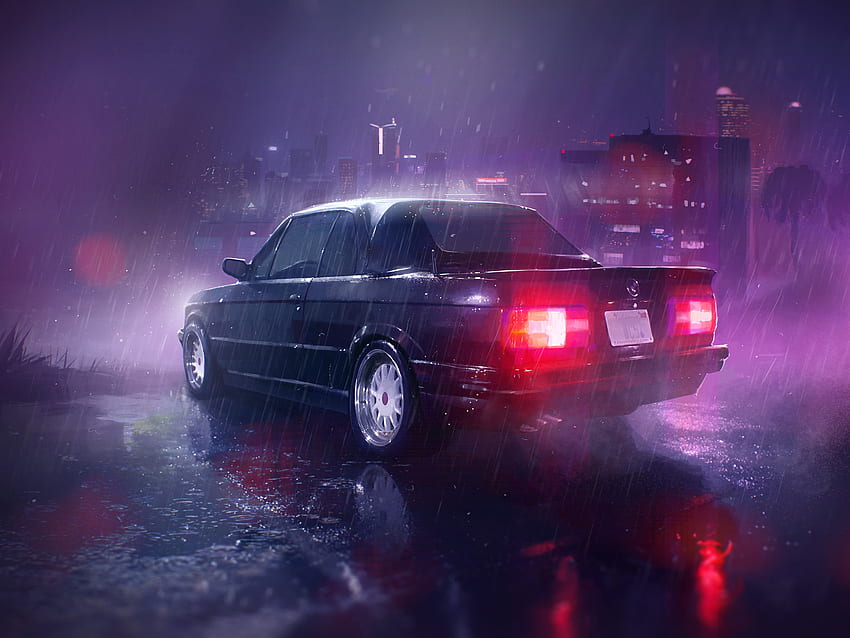 Pluie, néons, feu arrière, voiture, art Fond d'écran HD