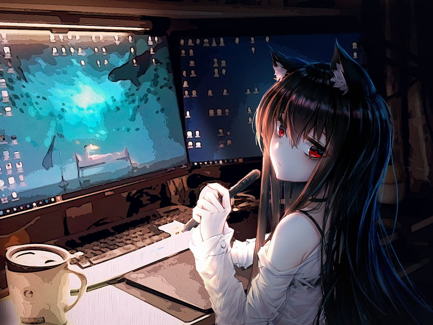 Anime Cat Girl, Room, Computer, Animal Ears, Coffee, Cute for Ainol Novo 9 Spark Tapeta HD