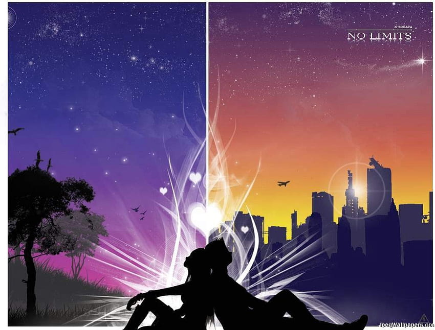 City and Country Love, stars, tree, buildings, skyscrapers, love, couple, vector, heart, silhouette HD wallpaper