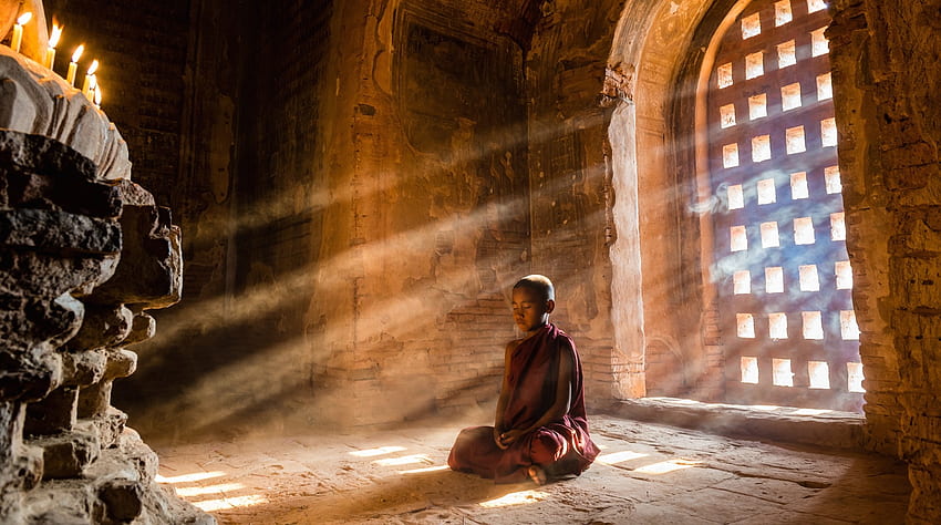 修道士 小さな男の子 自然 瞑想 太陽光線 仏教 寺院 日光、仏陀の瞑想 高画質の壁紙
