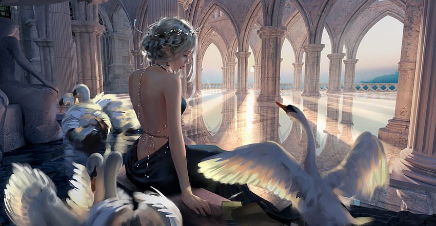 Swan princess, frumusete, art, bird, gorgeous, girl, lebada, superb, wlop, fantasy, swan, luminos, pasari, princess HD wallpaper