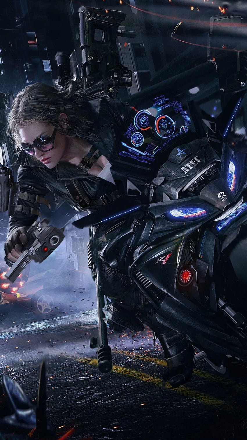 Cyberpunk Motocyklista Dziewczyna na motocyklu Sci Fi Tapeta na telefon HD