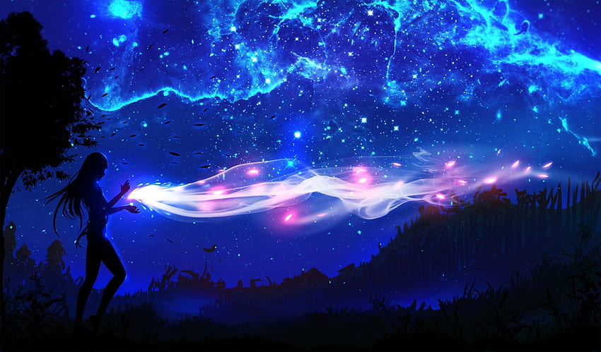 landscape magic night original ryky scenic silhouette sky tree. Anime HD wallpaper