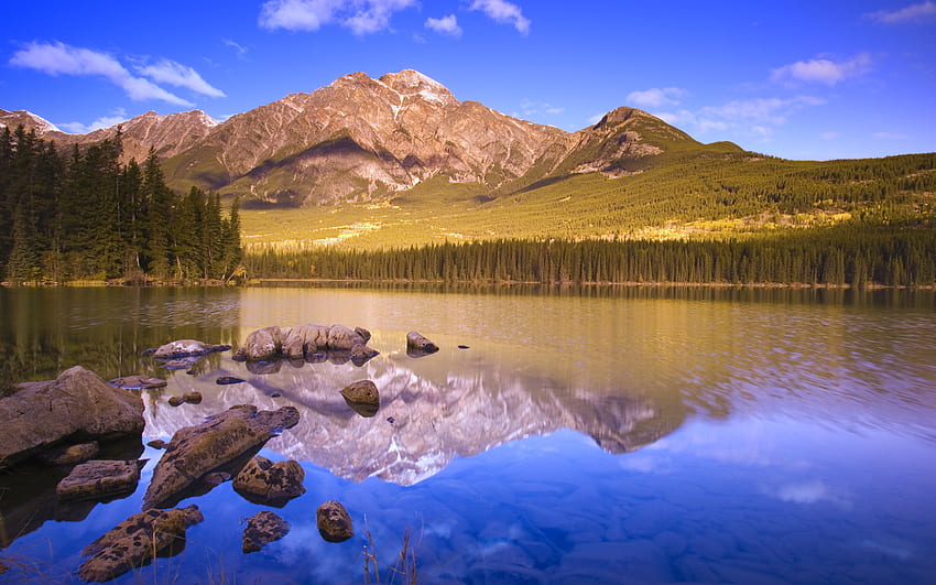 Reflection Mountain, reflection, green, trees, sky, nature, mountains, water, lake HD wallpaper