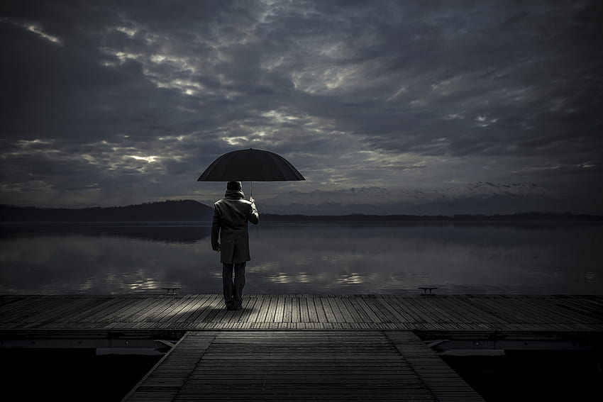 Regenschirm, Nacht, Dunkel, Mann, Kai, Liegeplatz HD-Hintergrundbild