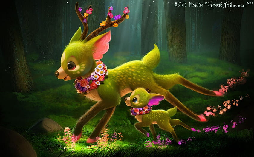 Meadoe, pink, running, fantasy, art, green, deer, cute, piper thibodeau HD wallpaper