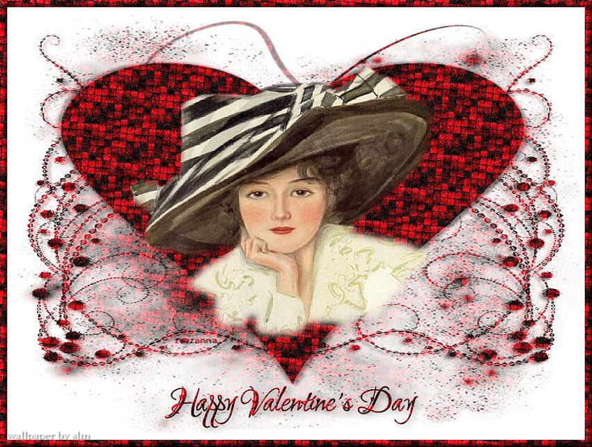 Happy Valentines Day, valentine, lady, red, hearts, victorian, hat HD wallpaper