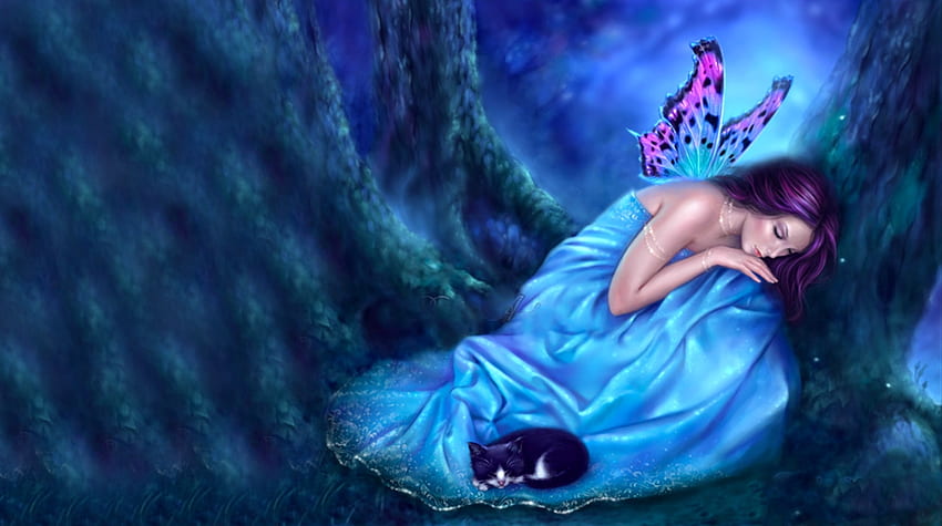 Fairy in Blue, blue, art, girl, beautiful, woman, fairy, digital, fantasy, pretty, forest, female HD wallpaper