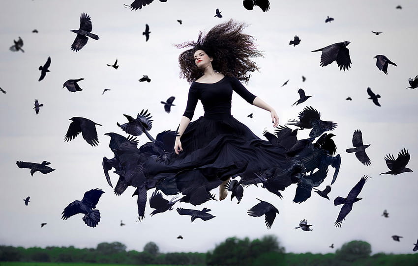 girl, birds, dress, flight, in black for , section ситуации, Woman Birds Flying HD wallpaper