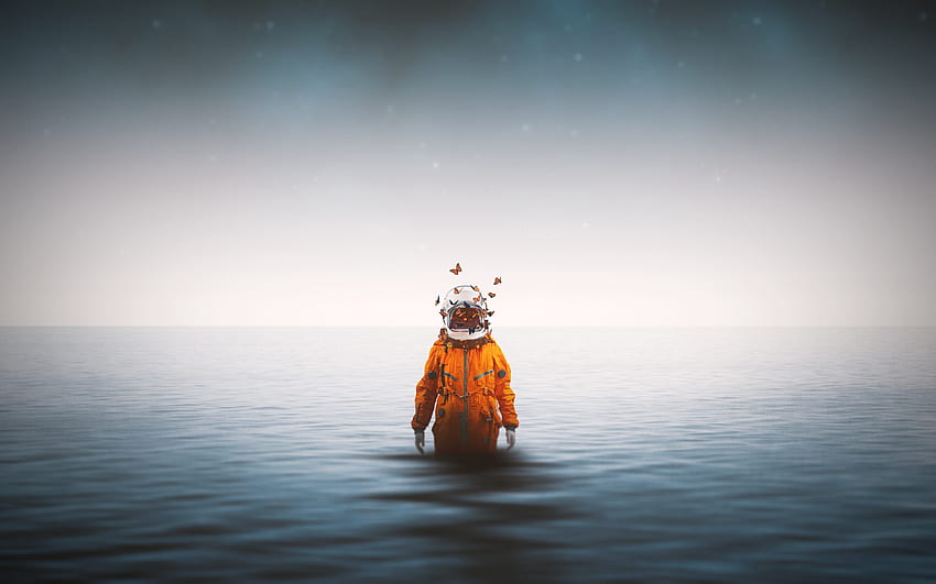 Astronauta stojący wewnątrz oceanu Motyle wokół hełmu , grafika, , , tło i astronauta w oceanie Tapeta HD