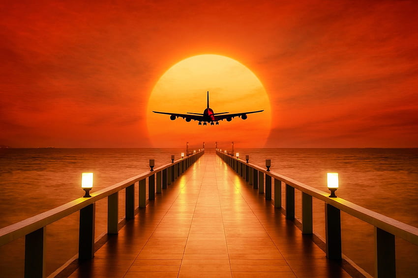 Летищни съвети и трикове за по-лесно пътуване. Купете самолетен билет. Залез, море по залез, самолет, изгрев на летището HD тапет