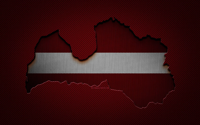 Lettland-Karte, europäische Länder, lettische Flagge, roter Karbonhintergrund, lettische Kartensilhouette, lettische Flagge, Europa, lettische Karte, Lettland, Flagge Lettlands HD-Hintergrundbild