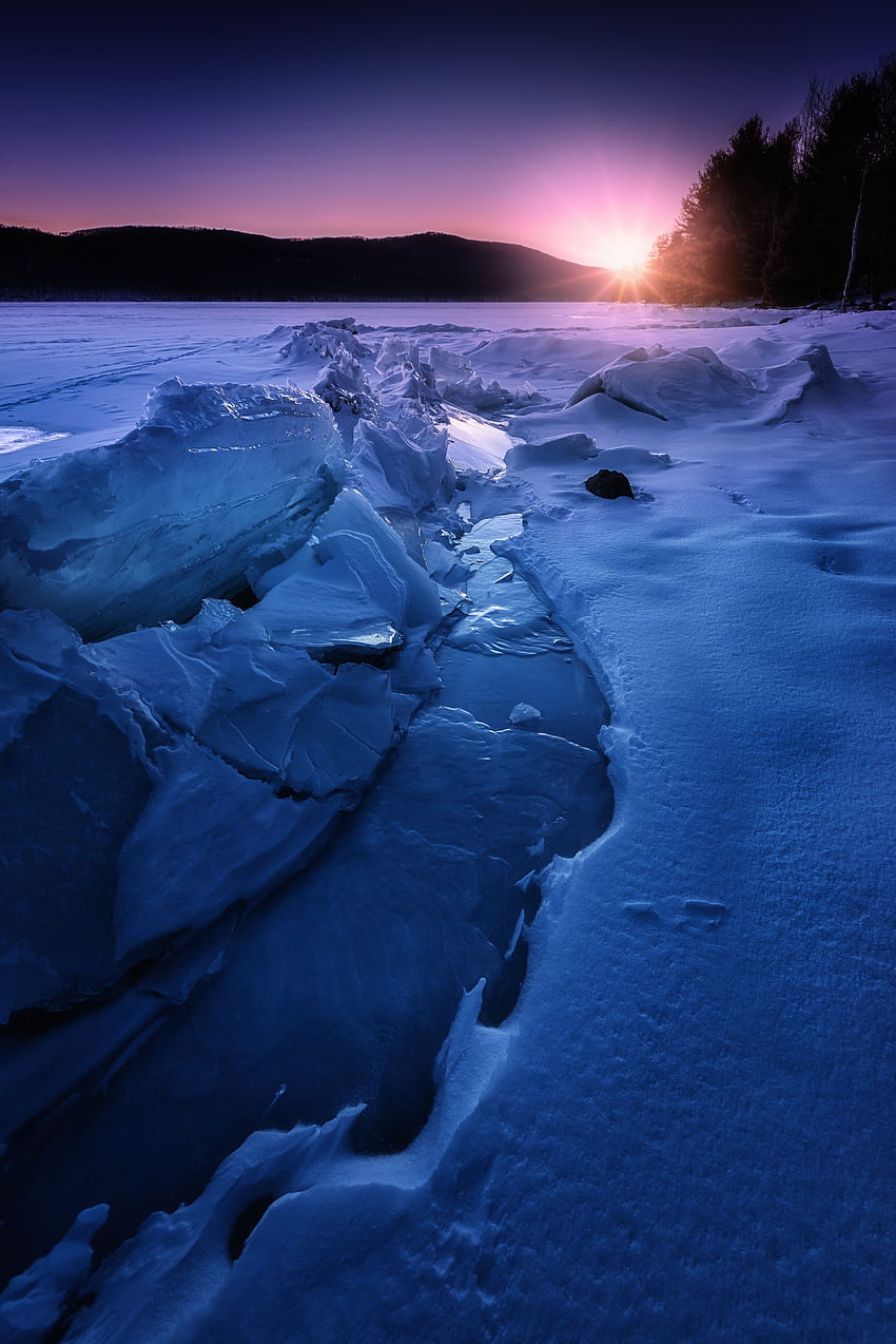 Śnieg, natura, zachód słońca, lód, horyzont, kry Tapeta na telefon HD