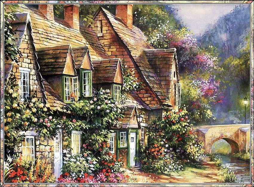 Cottage and Flowers, creek, painting, blossoms, house, garden, bridge HD wallpaper
