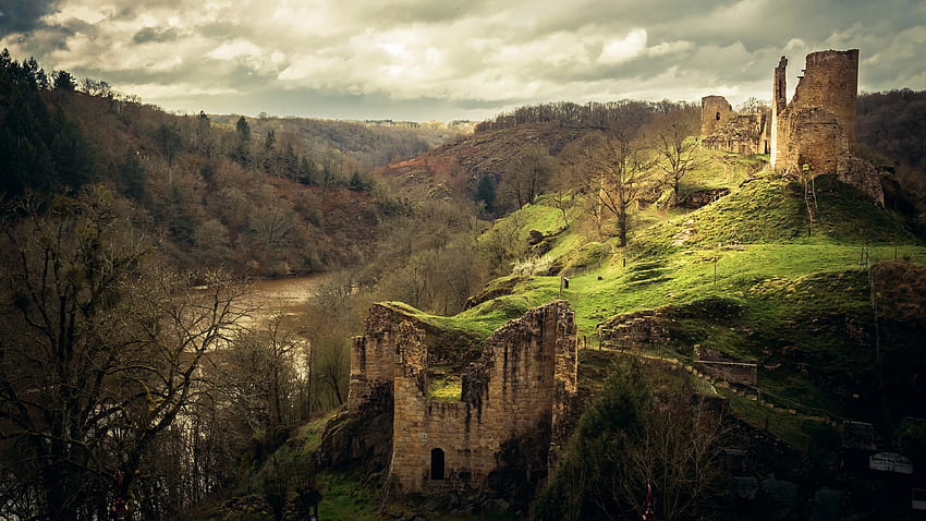 Ruins, castle, hills, river, trees U , Ruins HD wallpaper
