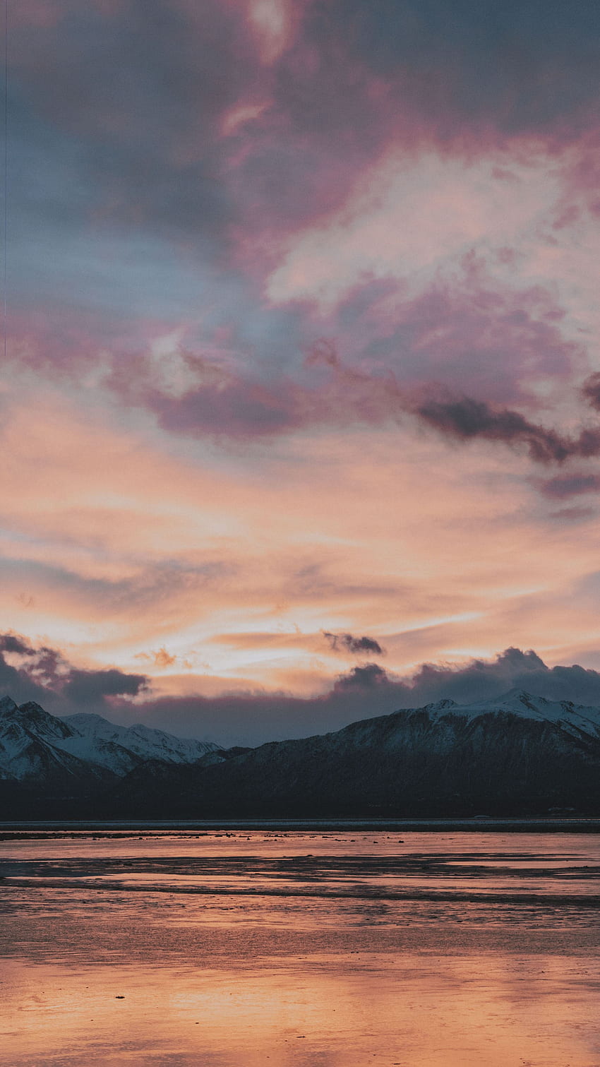 Landschaft, Natur, Sonnenuntergang, Himmel, Berge, Meer, Wolken, Horizont HD-Handy-Hintergrundbild