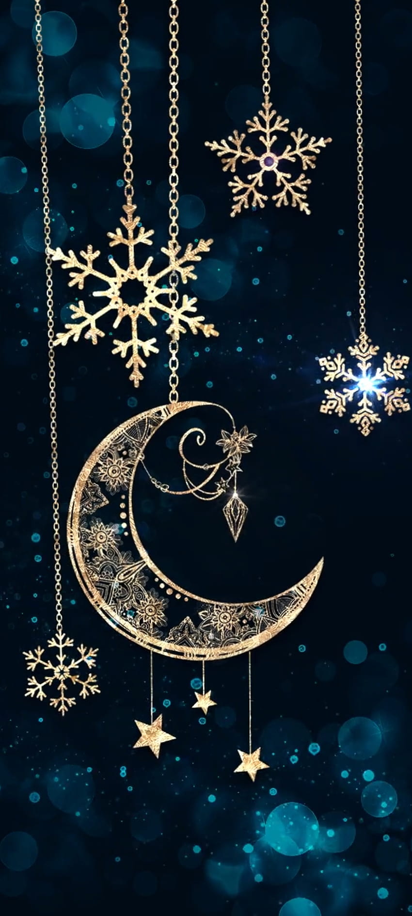 Starry Snowflake Moon, azul eléctrico, arte, fantasía, Lujo, Noche, estrella, Dorado fondo de pantalla del teléfono