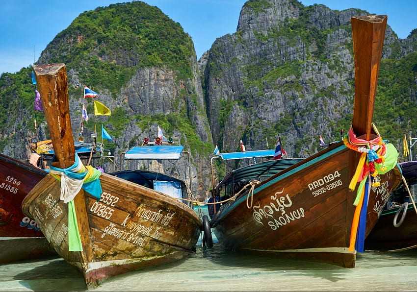 Phuket, Thailand, sea, boat, tropical, rocks, beach HD wallpaper