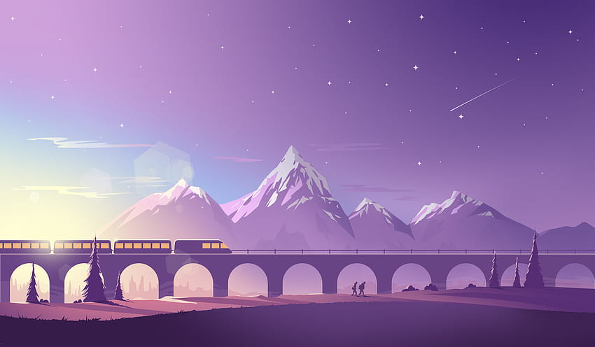 Tren, puente, montañas, minimalista, arte digital. fondo de pantalla