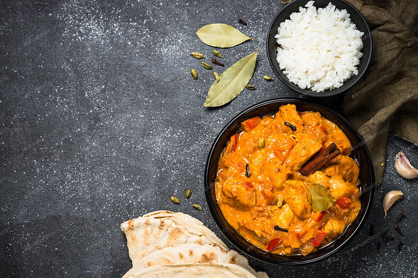 Chicken tikka masala with rice on black top view by Nadianb on Envato Elements HD wallpaper
