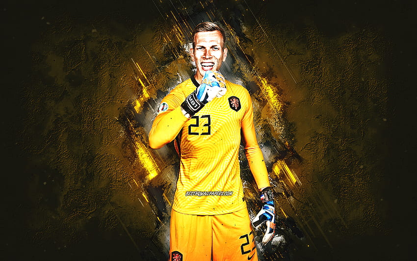 Marco Bizot, Netherlands national football team, dutch footballer, goalkeeper, yellow stone background, soccer, grunge art HD wallpaper