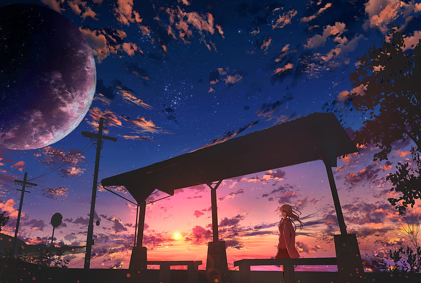 Girl, Anime, Twilight, Clouds, Dusk HD wallpaper