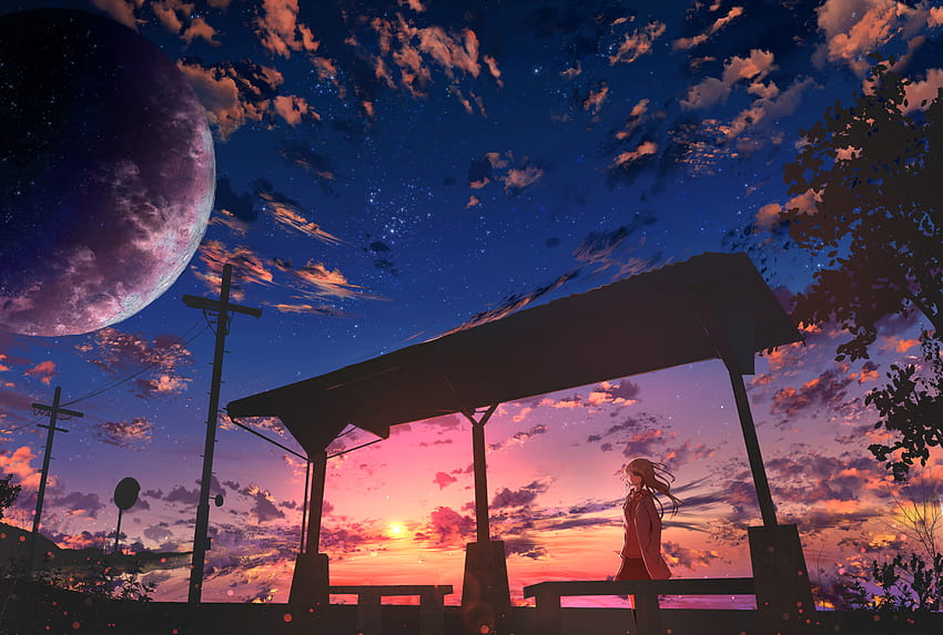 女の子, アニメ, 夕暮れ, 雲, 夕暮れ 高画質の壁紙