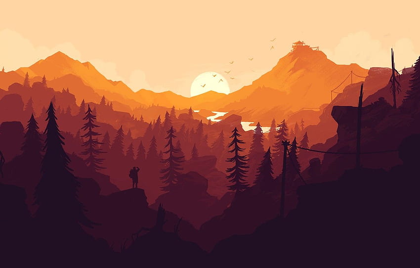 Wald, die Sonne, Sonnenuntergang, Orange, das Spiel, Menschen, Farbe, Minimalismus, Firewatch für , Abschnitt игры, Minimalist Forest Sunset HD-Hintergrundbild