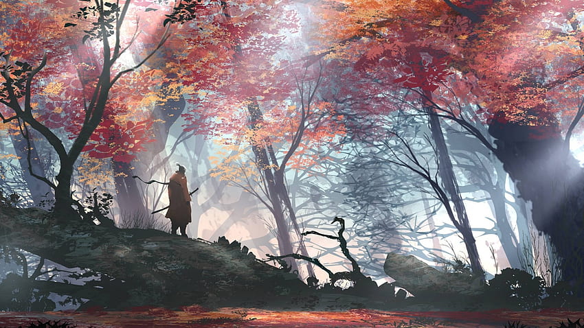 аниме човек, самурай, есен, живопис, гора, меч, дървета, 1600x900 есен HD тапет