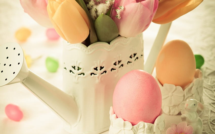 Happy Easter!, tulip, pink, white, flower, vase, easter, spring, eggs HD wallpaper