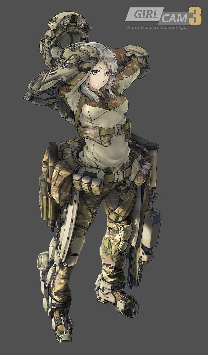 : anime, arma, exoesqueleto, chica del ejército, anime militar fondo de pantalla del teléfono
