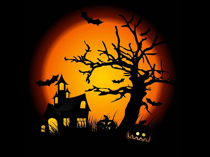 Halloween-Mond, Nacht, Halloween, Feiertag, 31. Oktober, Mond, Haus, Kürbis, Fledermaus HD-Hintergrundbild