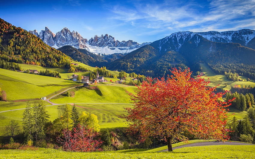 Italian autumn, colorful, Alps, slope, fall, landscape, beautiful, Italy, church, rocks, mountain, cliffs, trees, autumn, forest, village HD wallpaper