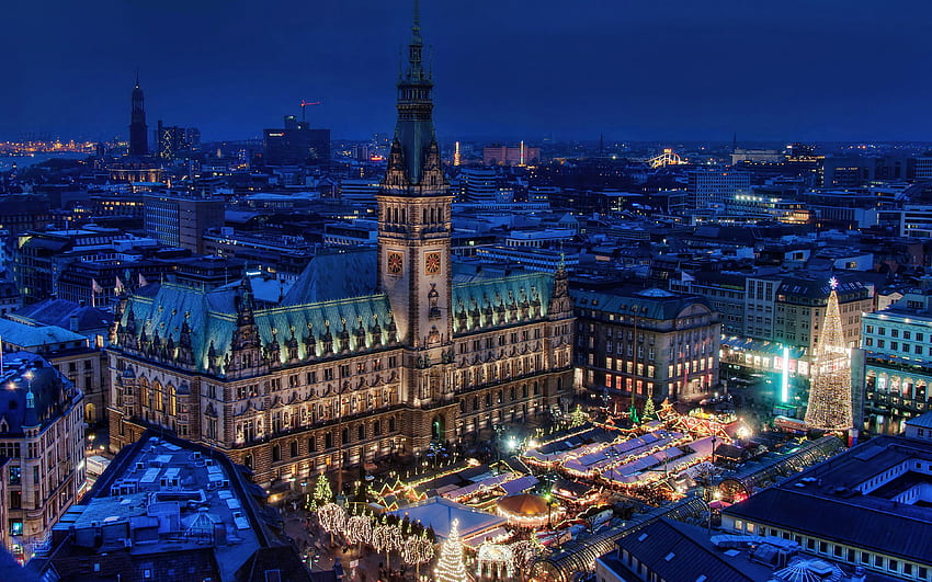 Hamburg Belediye Binası, kış, nightscapes, Alman şehirleri, Hamburger Rathaus, Hamburg, Almanya, Avrupa, Hamburg şehir manzarası HD duvar kağıdı