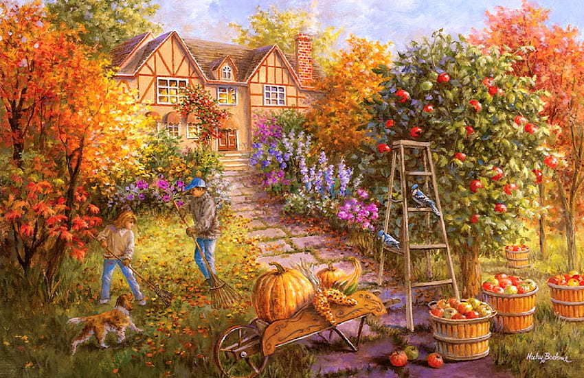 集う秋、夢の魅力、色、絵画、家、かぼちゃ、四季を愛する、葉っぱ、りんご、農園、秋、自然、収穫、秋 高画質の壁紙