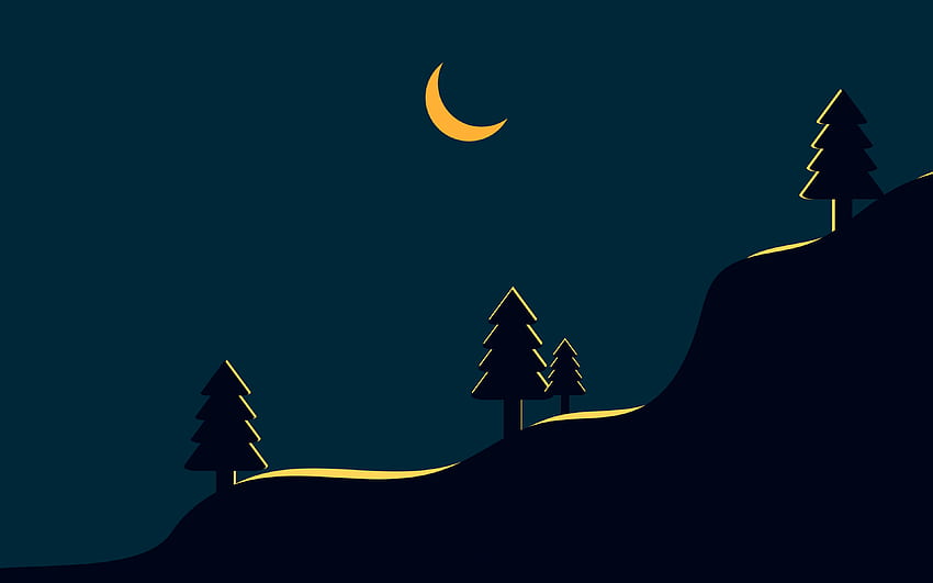 밤, 숲, 달, 야간 풍경, 미니멀 아트, 나무, 숲의 밤 HD 월페이퍼