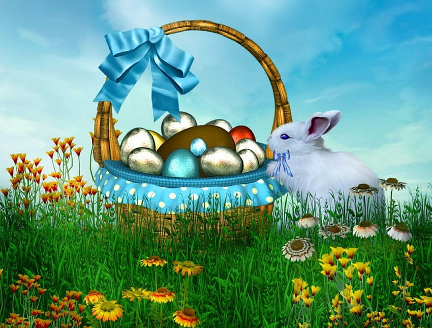 Easter time, ribbon, meadow, beautiful, bunny, basket, background, holiday, time, pretty, freshness, egs, flowers, sky, easter, rabbit HD wallpaper