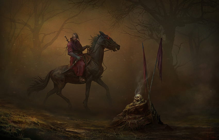 Skull, Forest, Horse, The demon, Darkness, Art, Art, Horror, Darkness, Sake, Fiction, Fiction, Dead, Horror, Rider, Forest for , section фантастика HD wallpaper